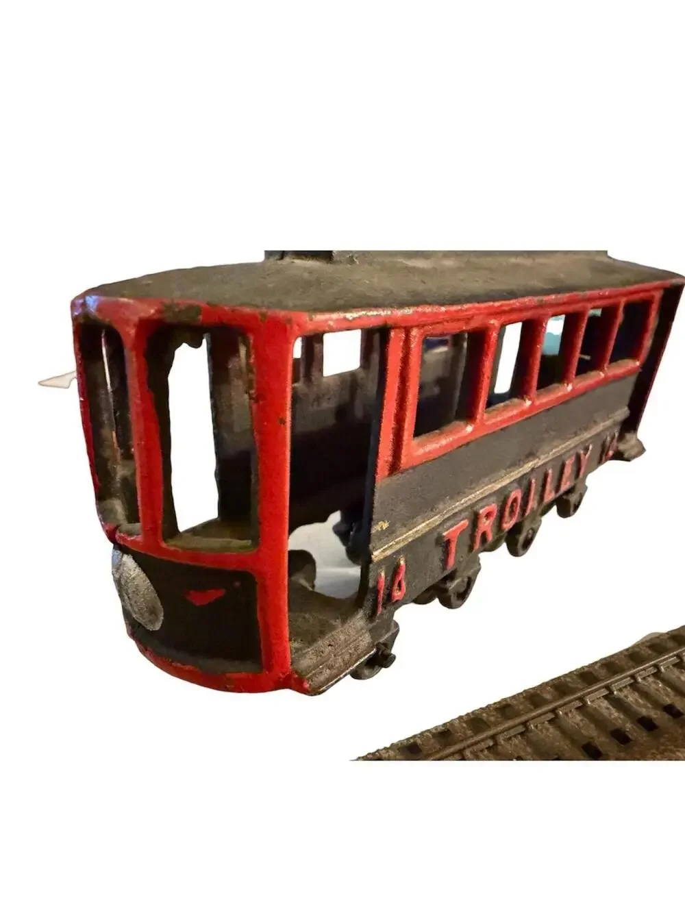Vintage Cast Iron Toy Train and Trolley Set with Tracks